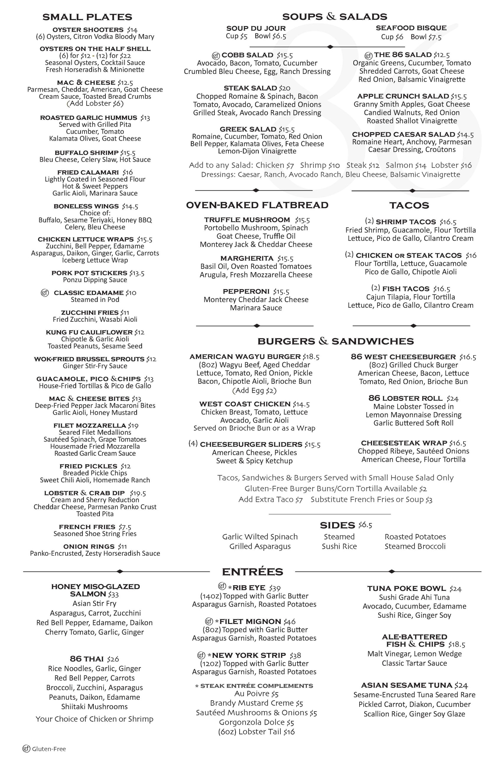 A restaurant menu featuring sections for small plates, soups and salads, oven-baked flatbread, tacos, burgers and sandwiches, entrees, and sides, with various meal and pricing options listed.