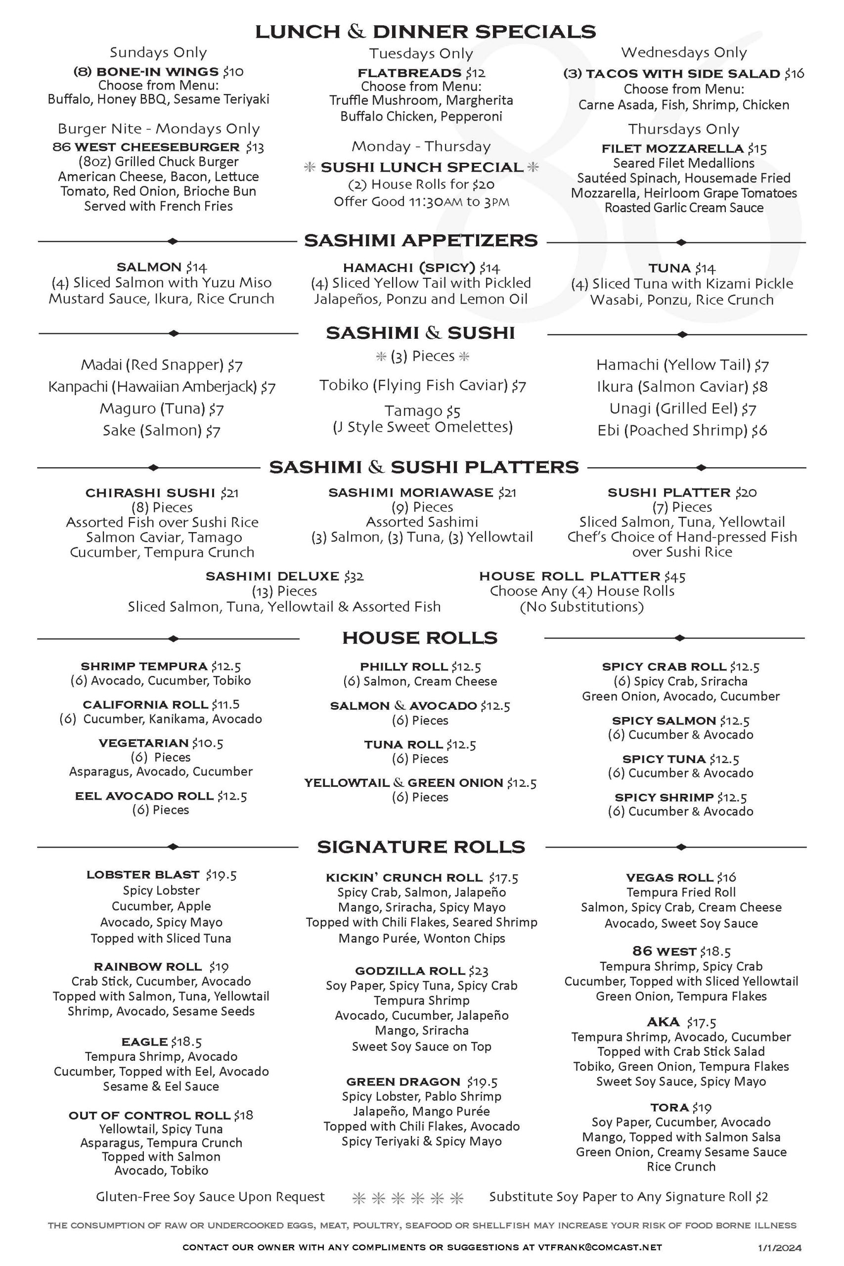 A menu for a restaurant with a black and white background.