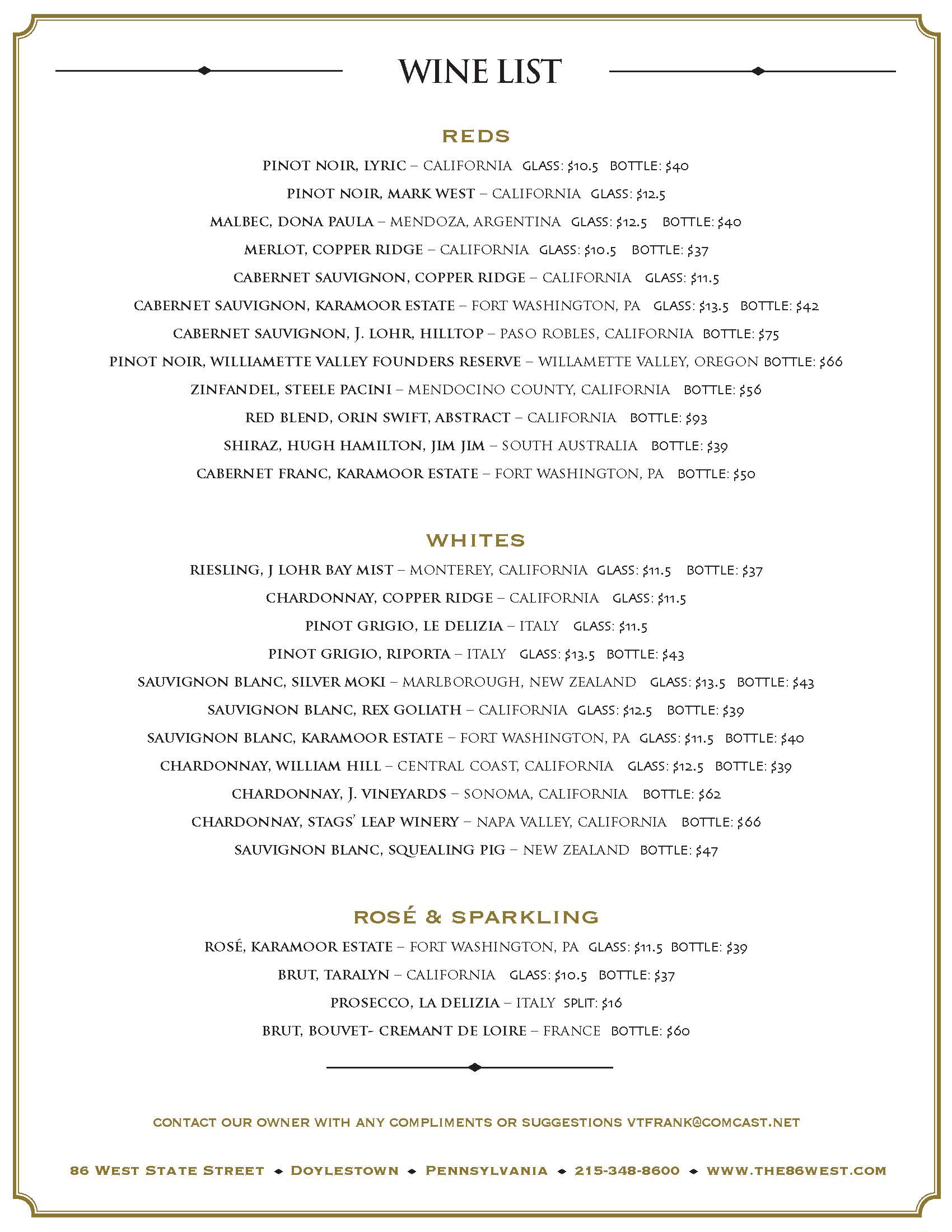 A wine list with a gold background.