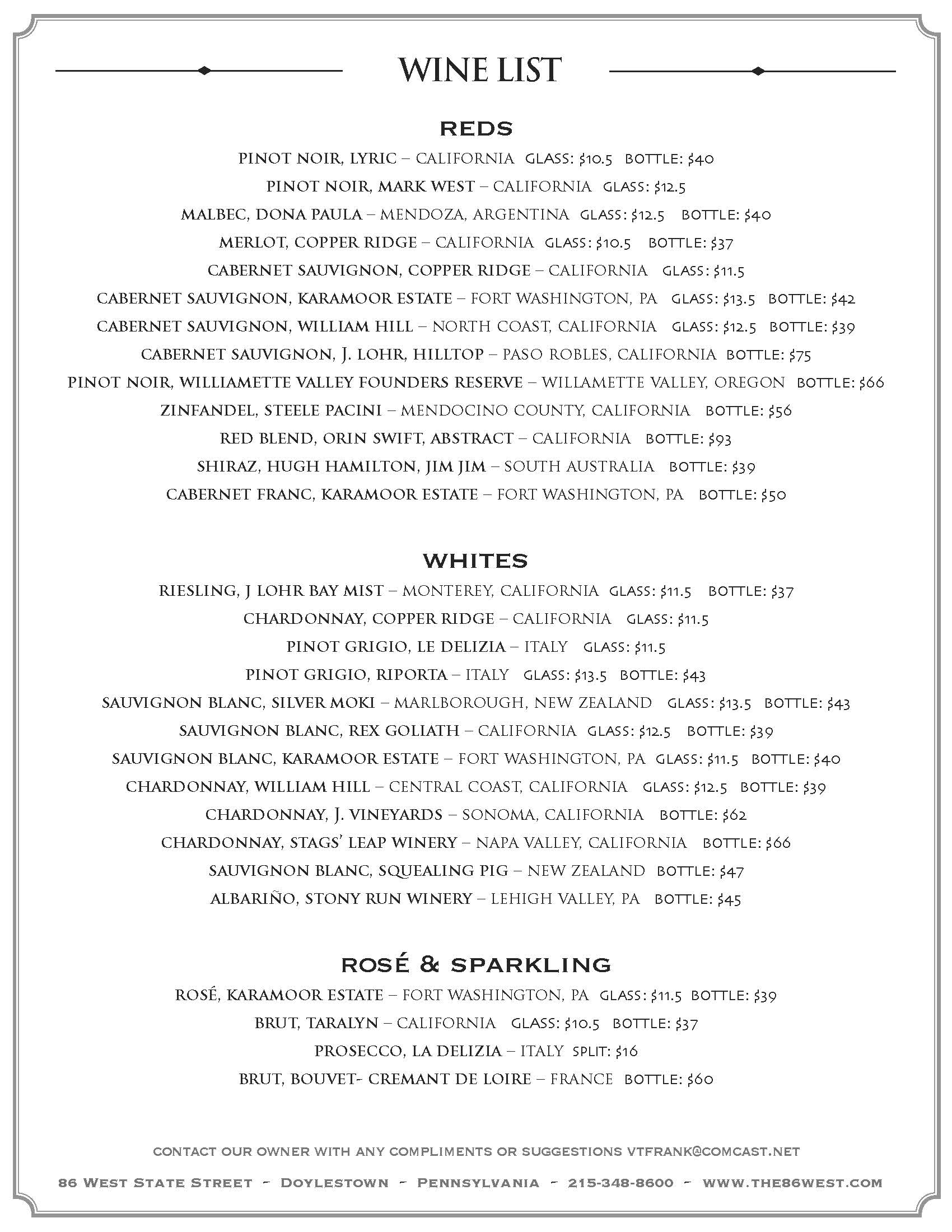 A wine list with the names of the wines.