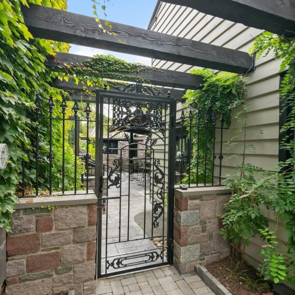 A backyard with a wrought iron gate and ivy.